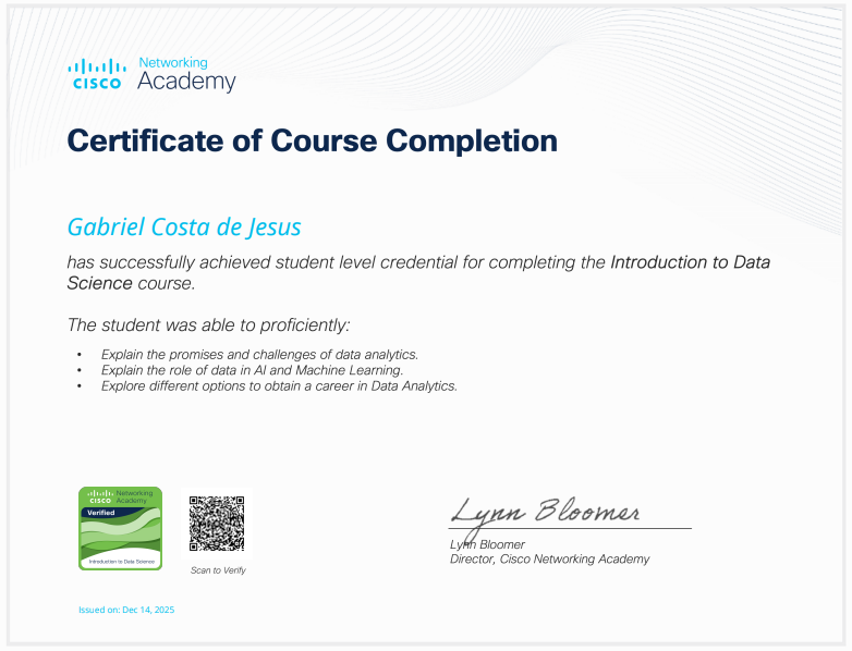 Certificado Cisco Introdução a ciência de Dados — Gabriel Costa de Jesus (gabrielcosta-js)