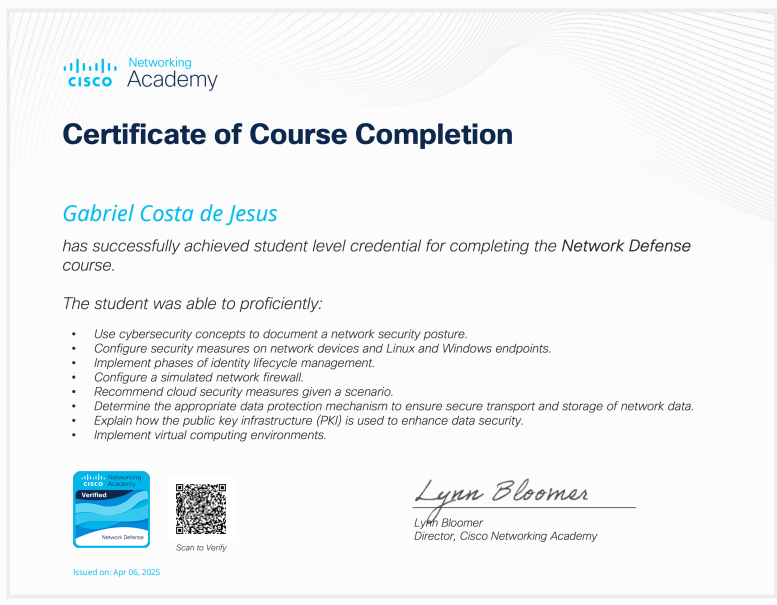 Certificado Cisco Defesa de redes — Gabriel Costa de Jesus (gabrielcosta-js)